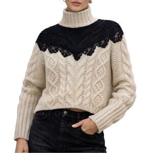 Zara Studio Cable Knit Lace Turtleneck Sweater Ivory Cream Black (Size Medium)